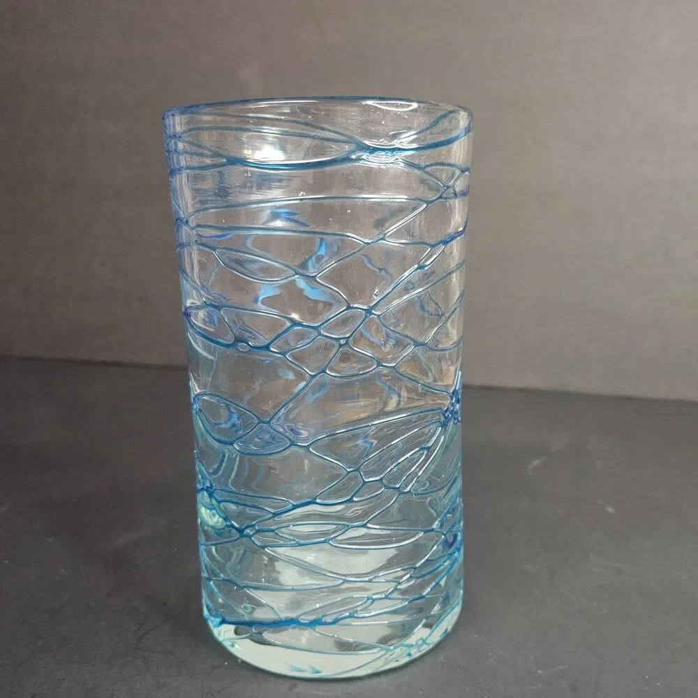 Handmade Mexican Style Glass Vase Clear with Blue Swirls 7.75